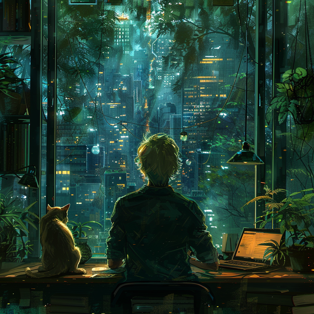 A Man, Cats, Forest Cityscape: Contemplative Cozy Workspace