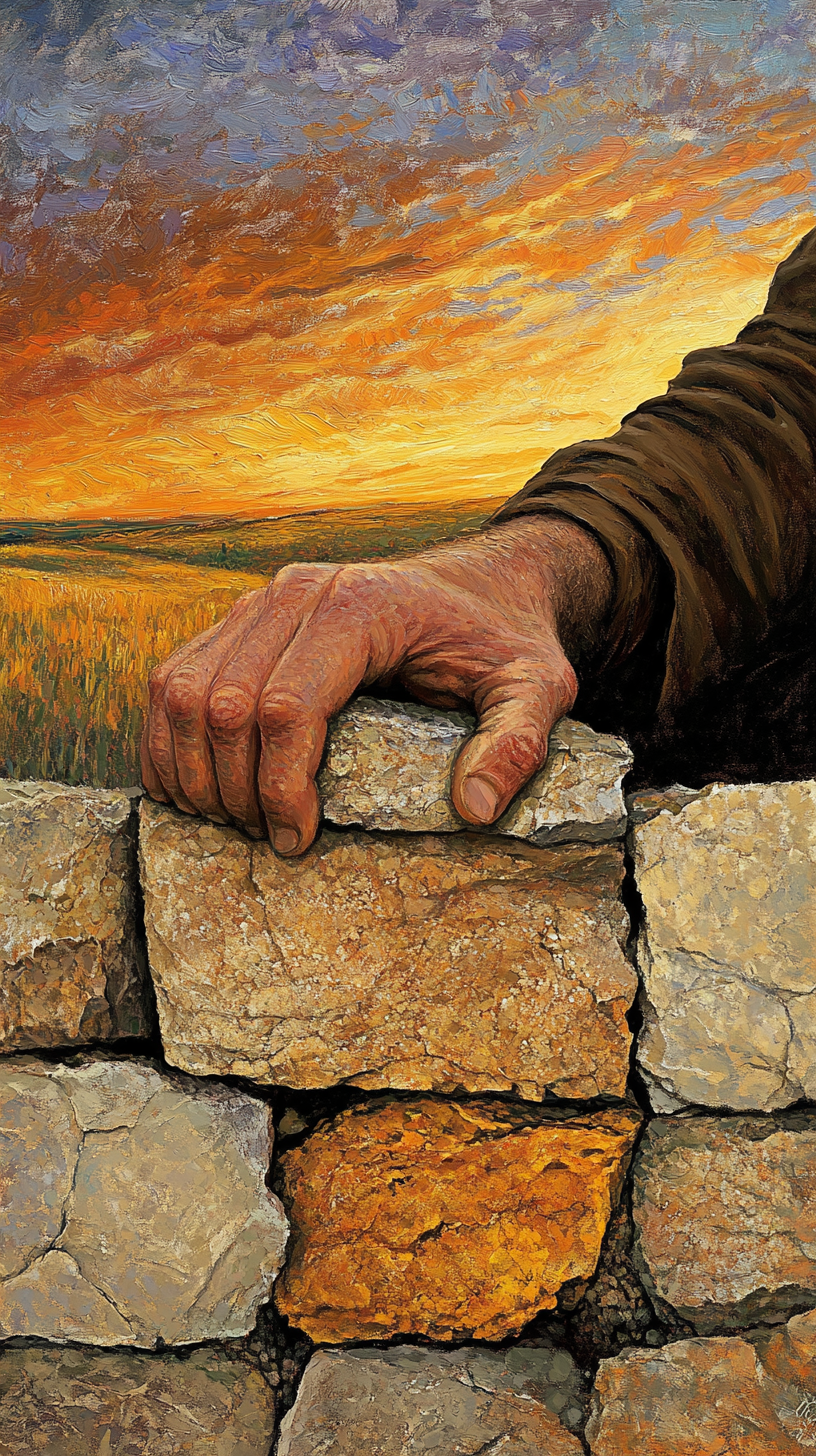 A Man Building a Stone Wall at Sunset