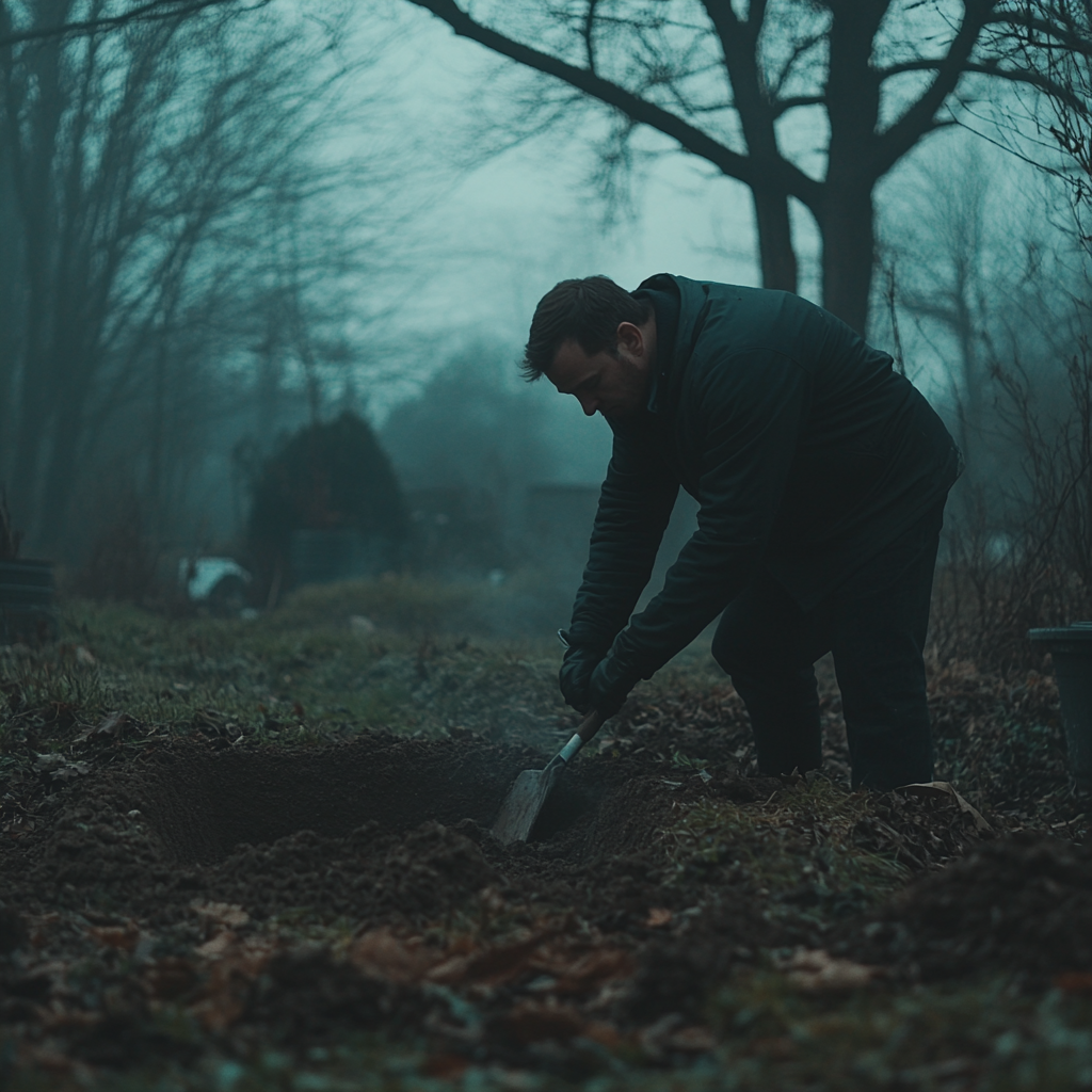 A Man Digging a Moody Grave at Dusk