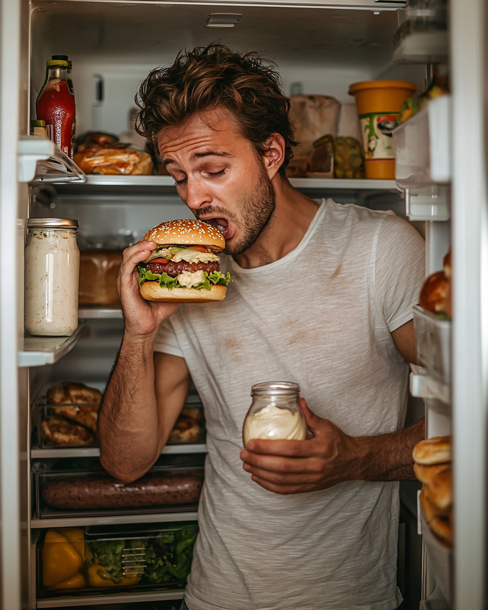 A Man Eating Burger with Mayonnaise in Hand