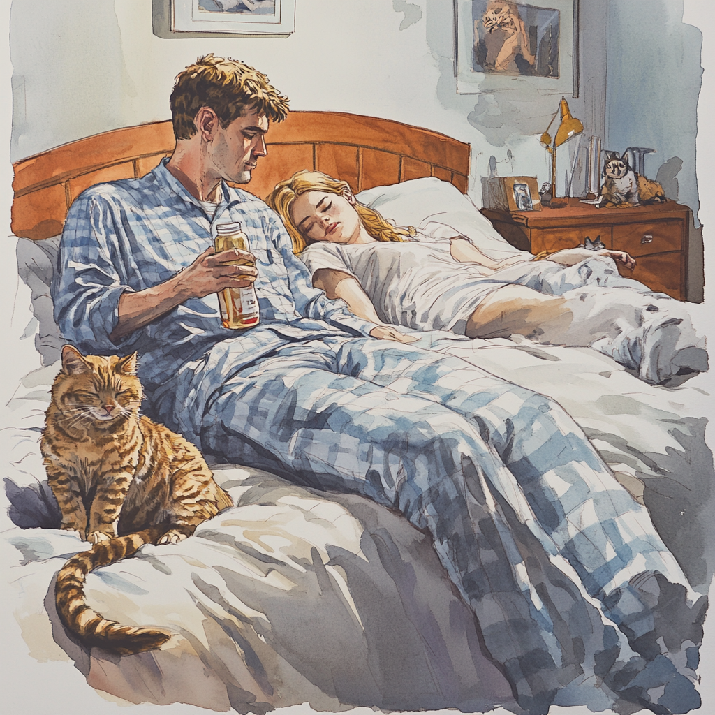 A Man Holding Bottle, Cats Sleeping in Bed