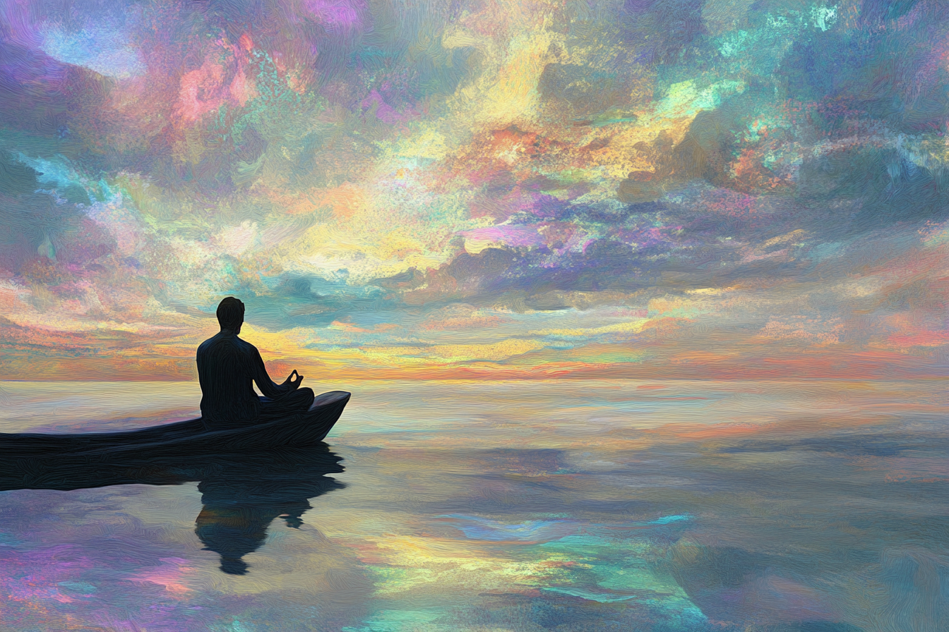 A Man Meditating on Boat in Dreamy Sea