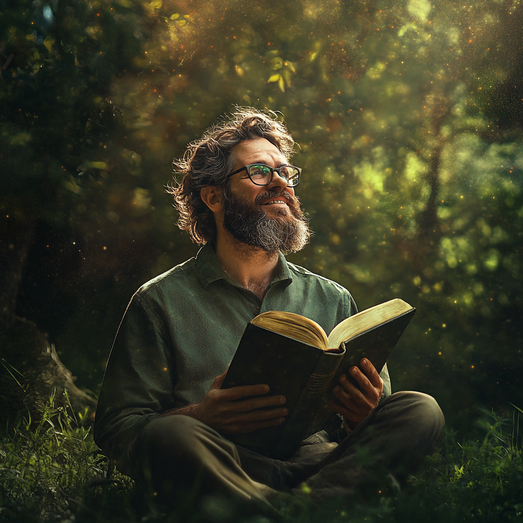 A Man Reading The Bible in Nature, Realistic.