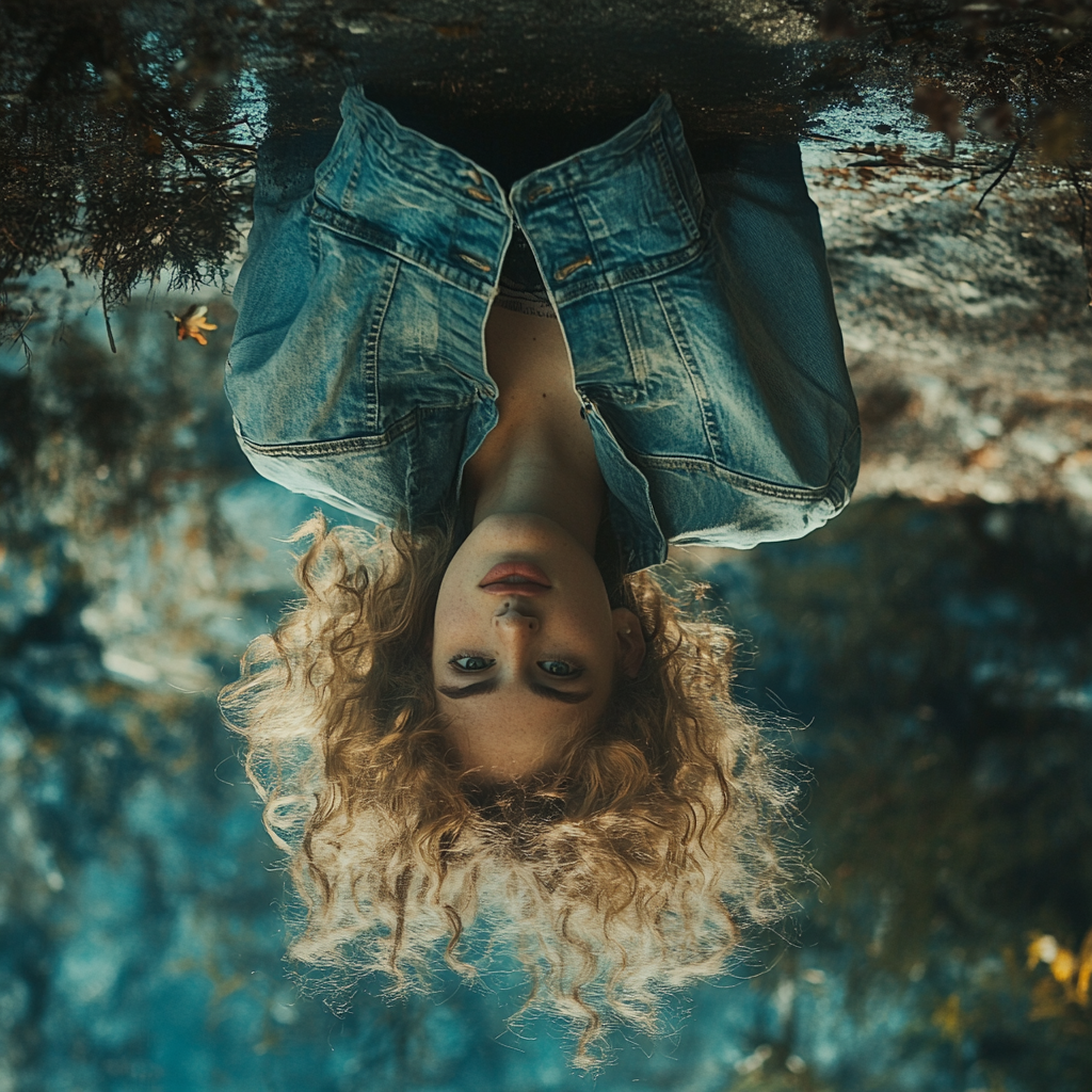 A Man Reflecting in Upside-Down Scenery Mirror