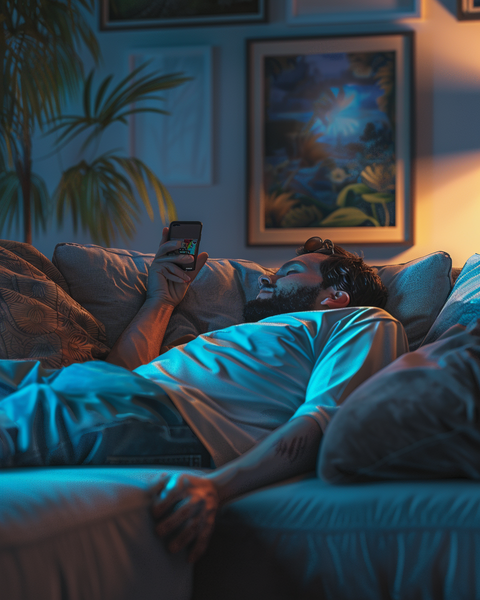 A Man Relaxing on Sofa, Phone in Hand