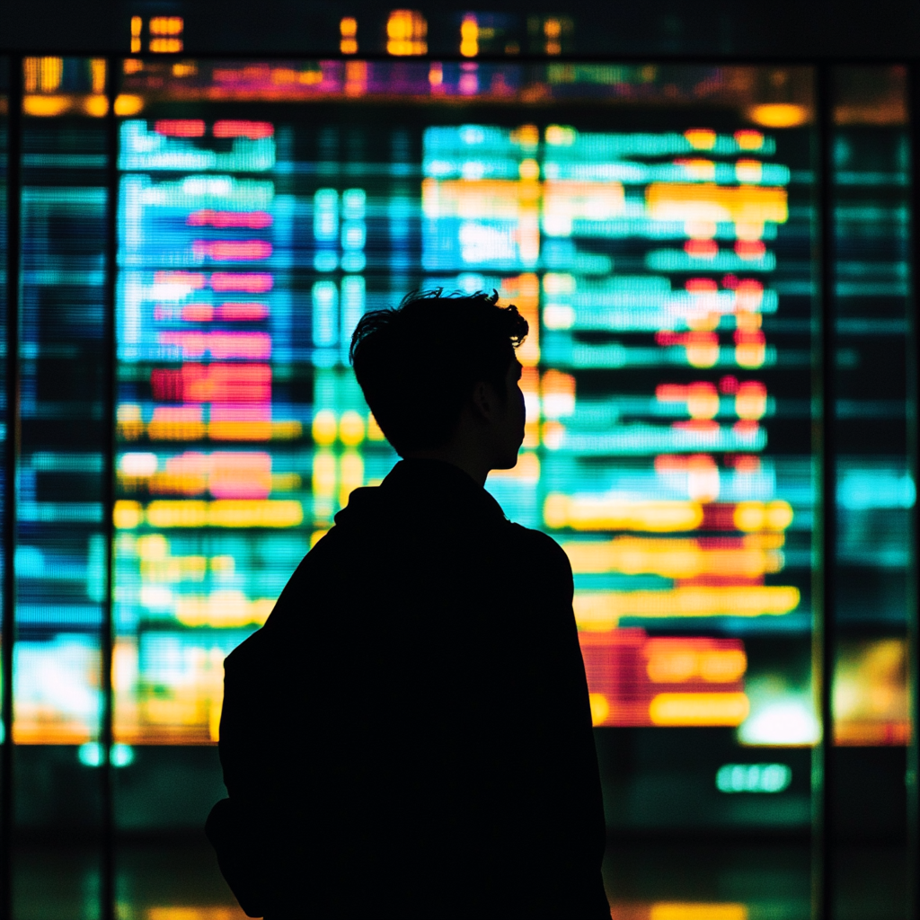 A Man Silhouetted Against Vibrant Departure Board