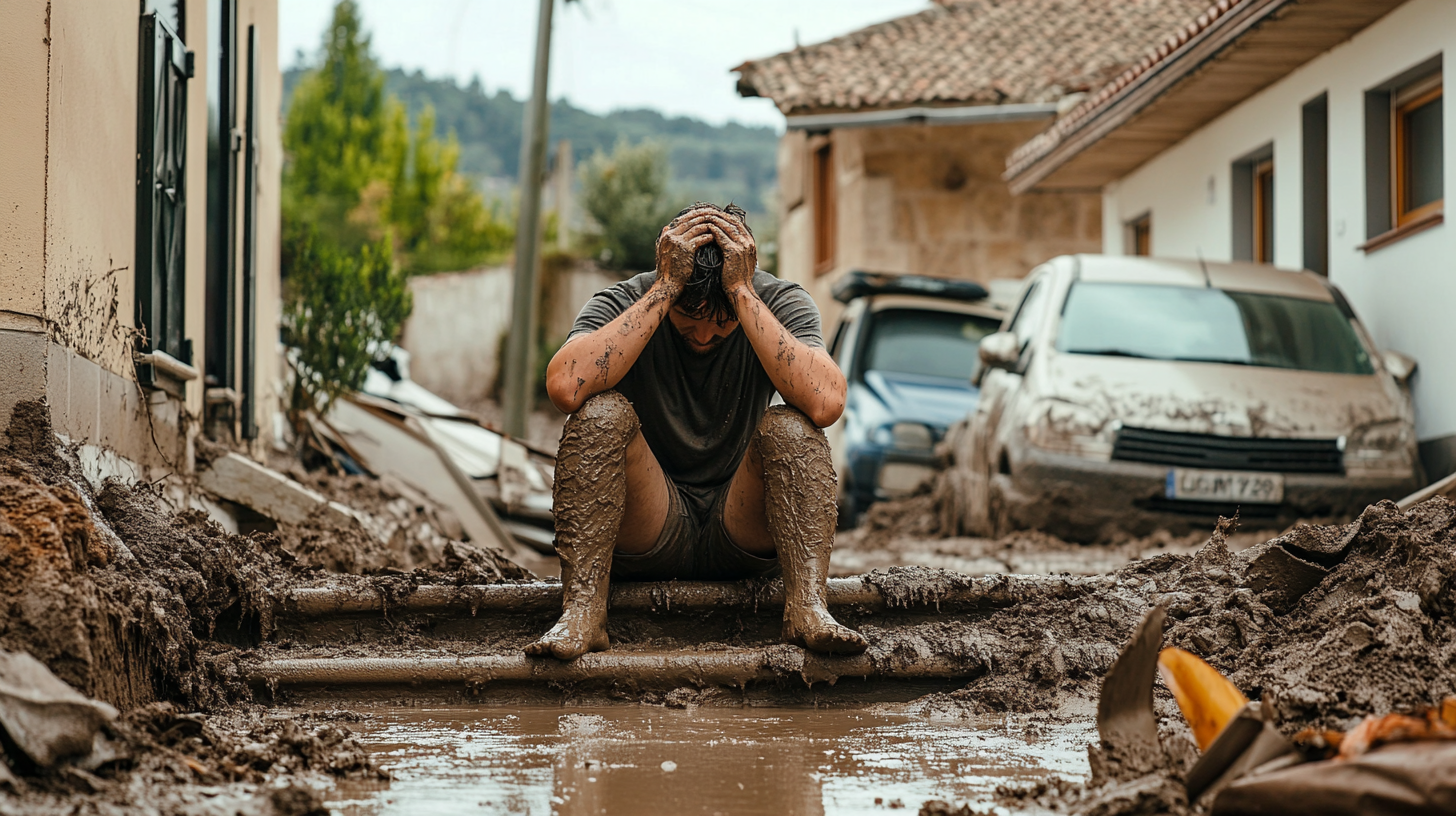 A Man Sitting on Muddy Stairs After a Flood