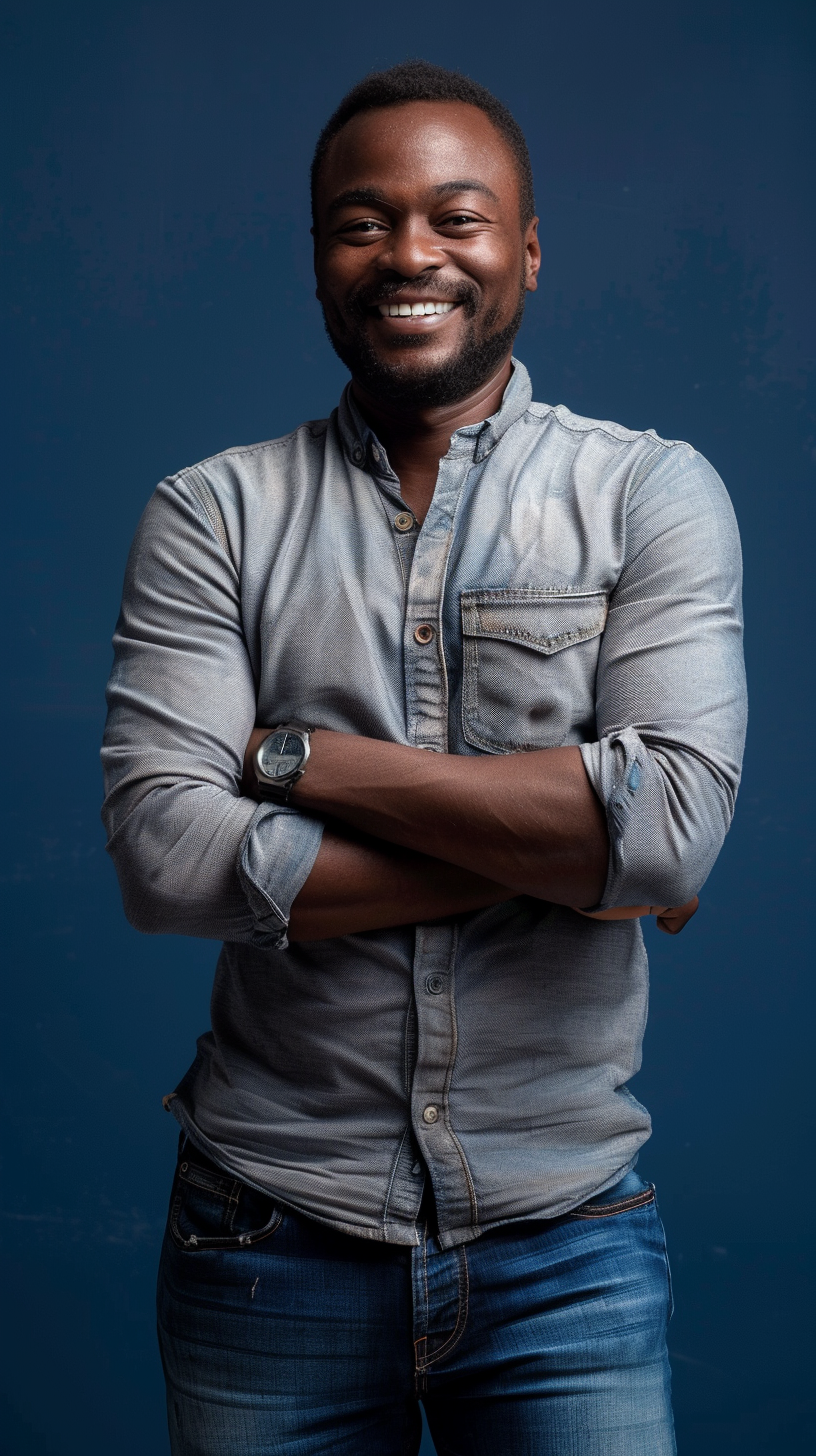 A Man Smiling with Folded Arms in Grey Shirt