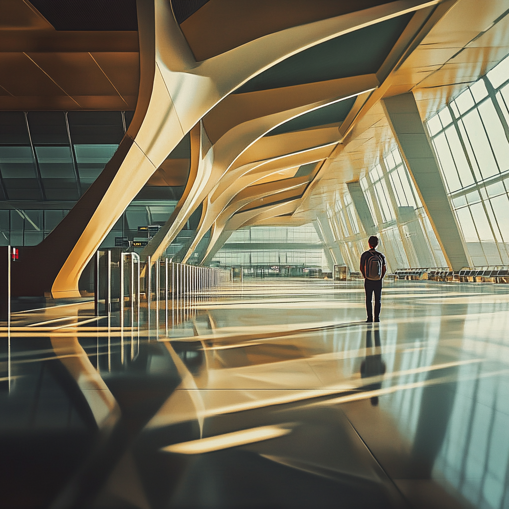 A Man Standing at Airport Gate in Morning