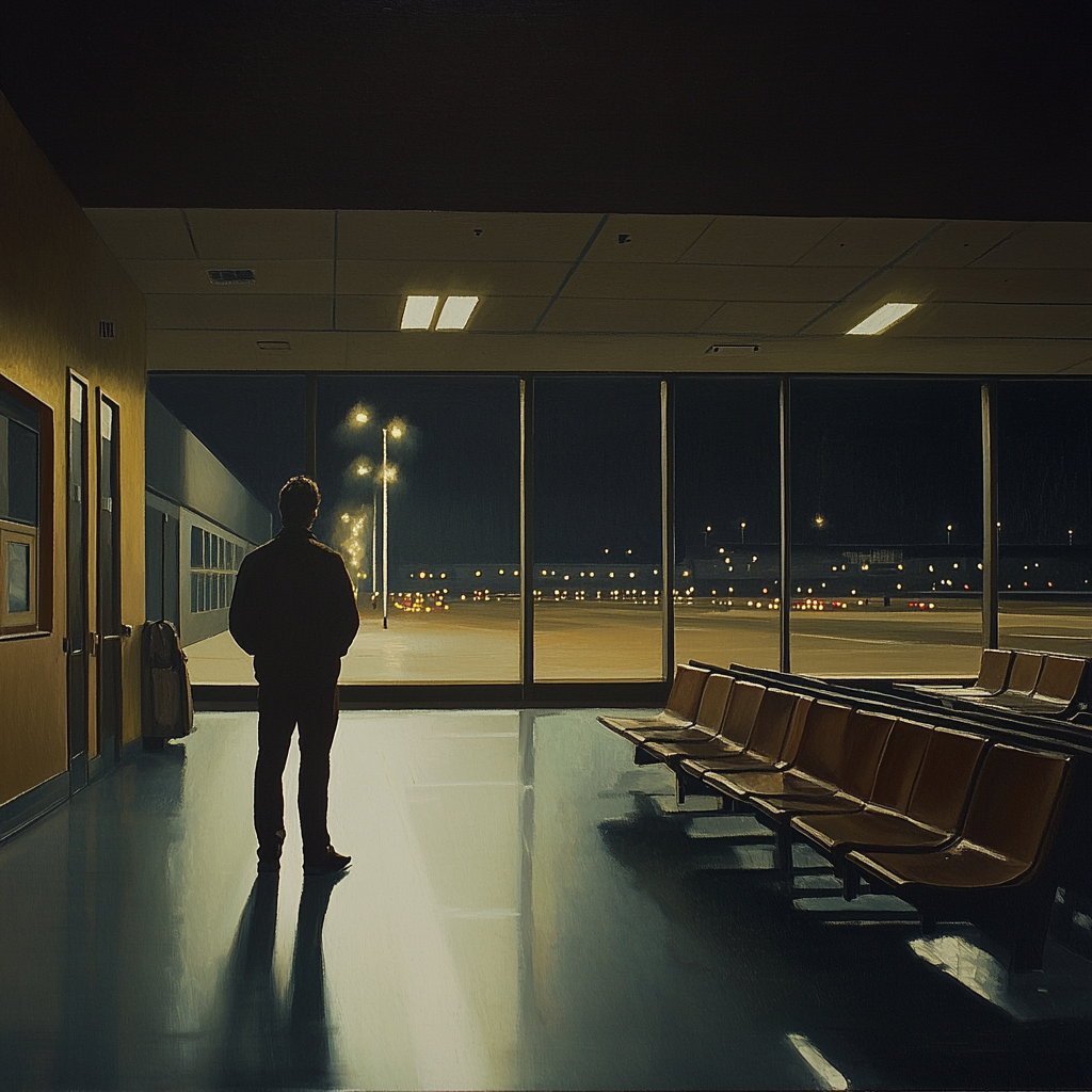 A Man Thinking Alone in Airport at Night