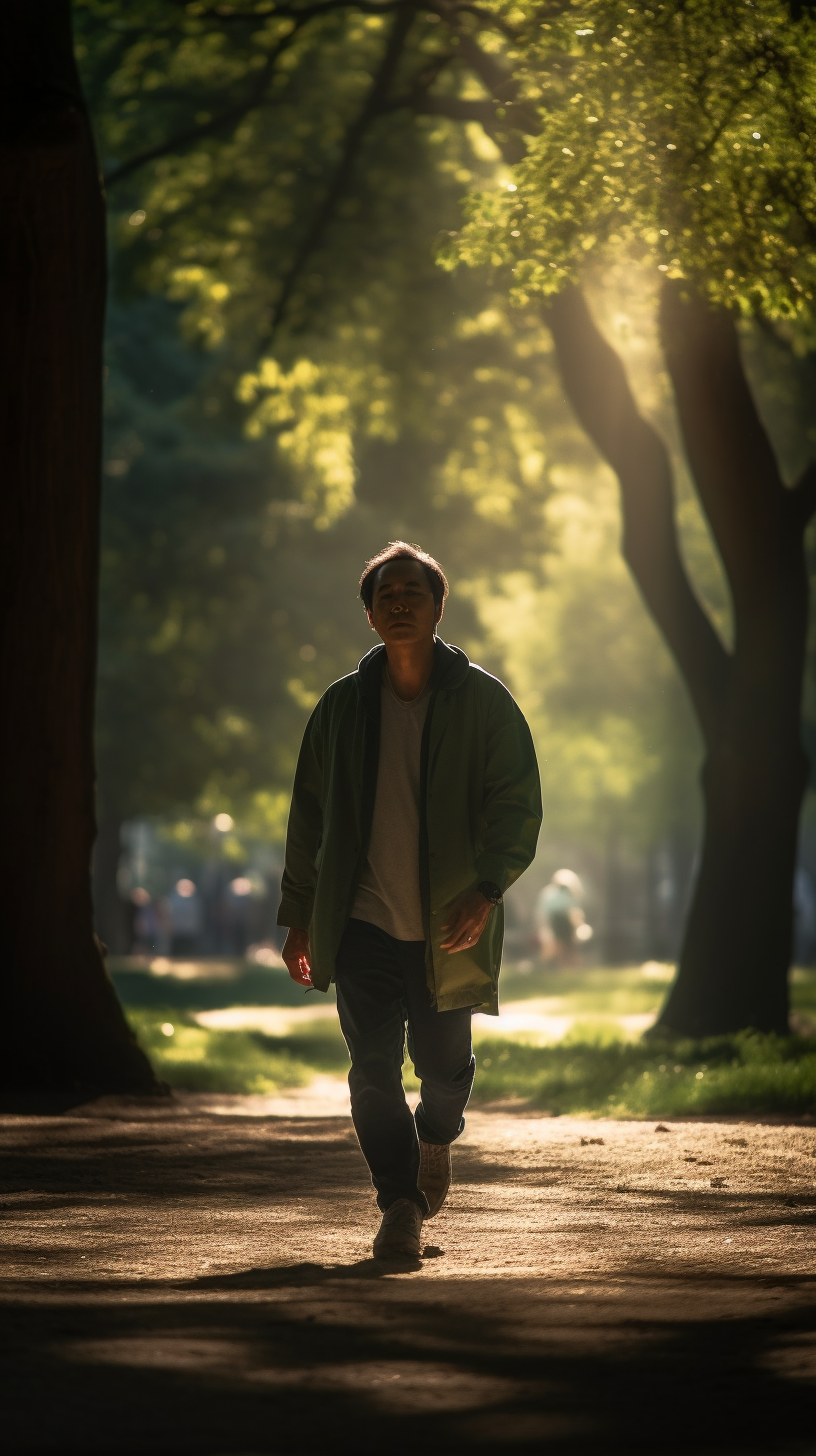 A Man Walking Through Sunlit Park Afternoon