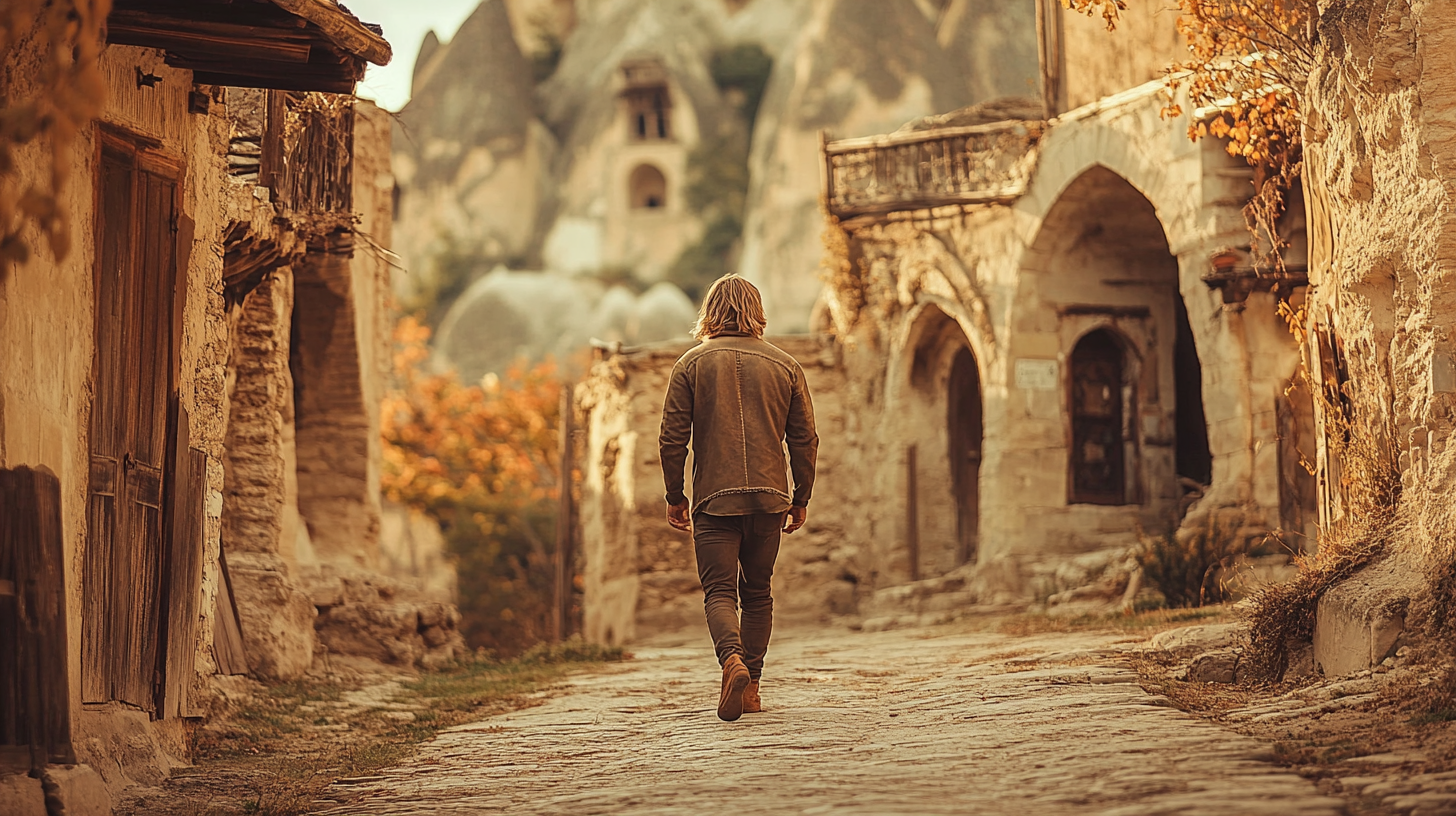 A Man Walking in Cappadocia with Epic Architecture