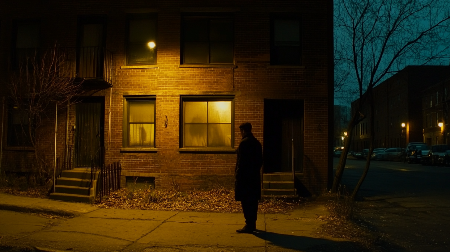 A Man Watches Dark Apartment Complex at Night