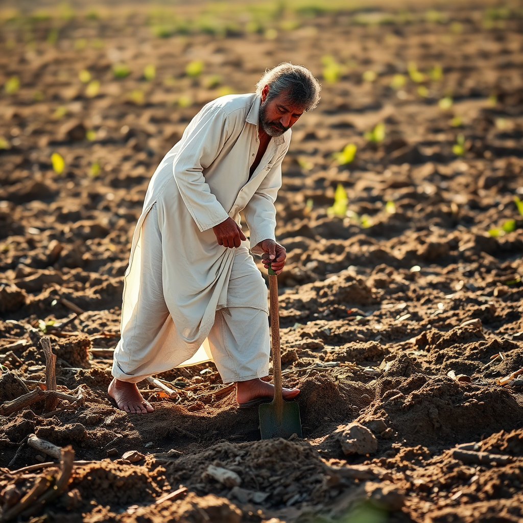 A Man Working in Bright Sunlight with Shovel