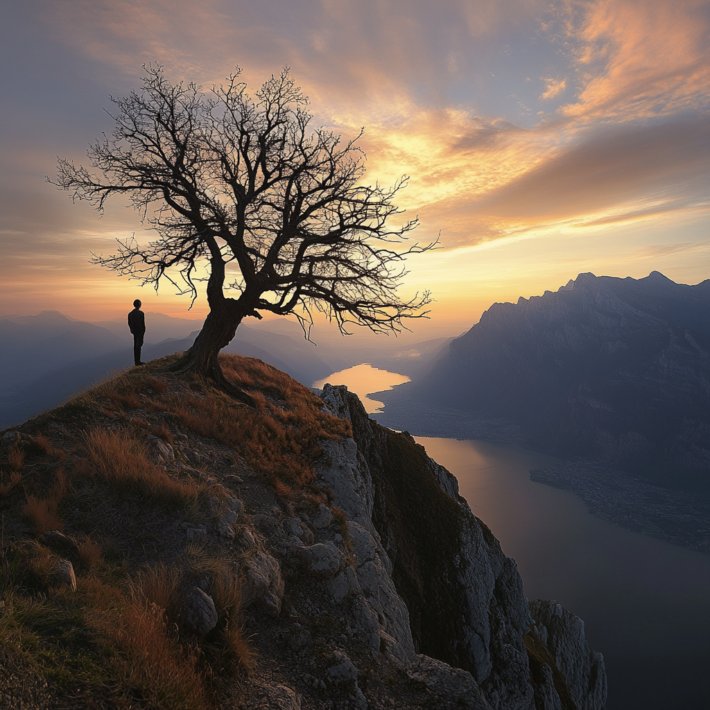 A Man and Tree on Mountain Slope