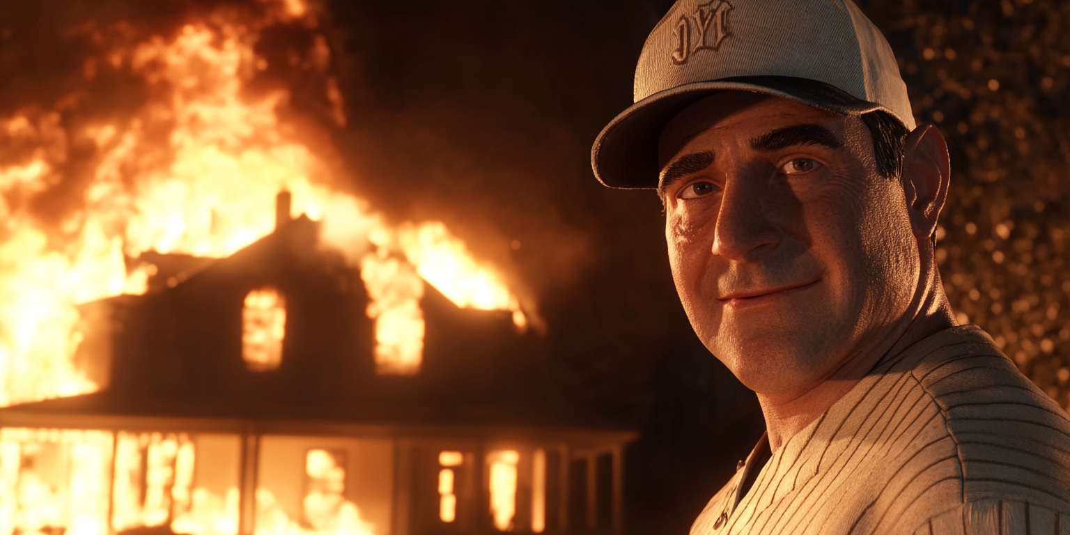 A Man in Baseball Uniform Smiles at Burning House