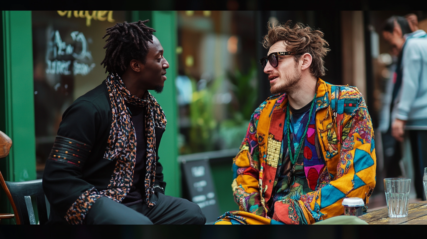 A Man in Black Talking to Colorful Stranger