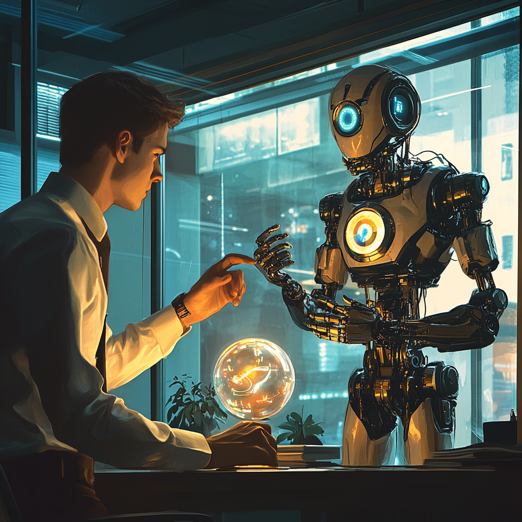 A Man in Office with Robot and Truth Orb