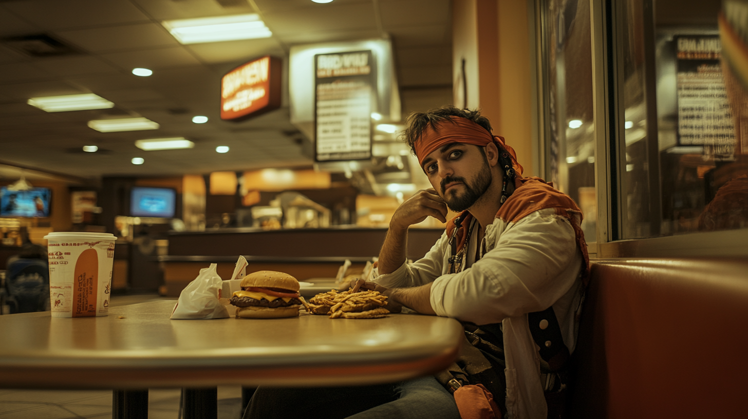 A Man in Pirate Costume at Burger King