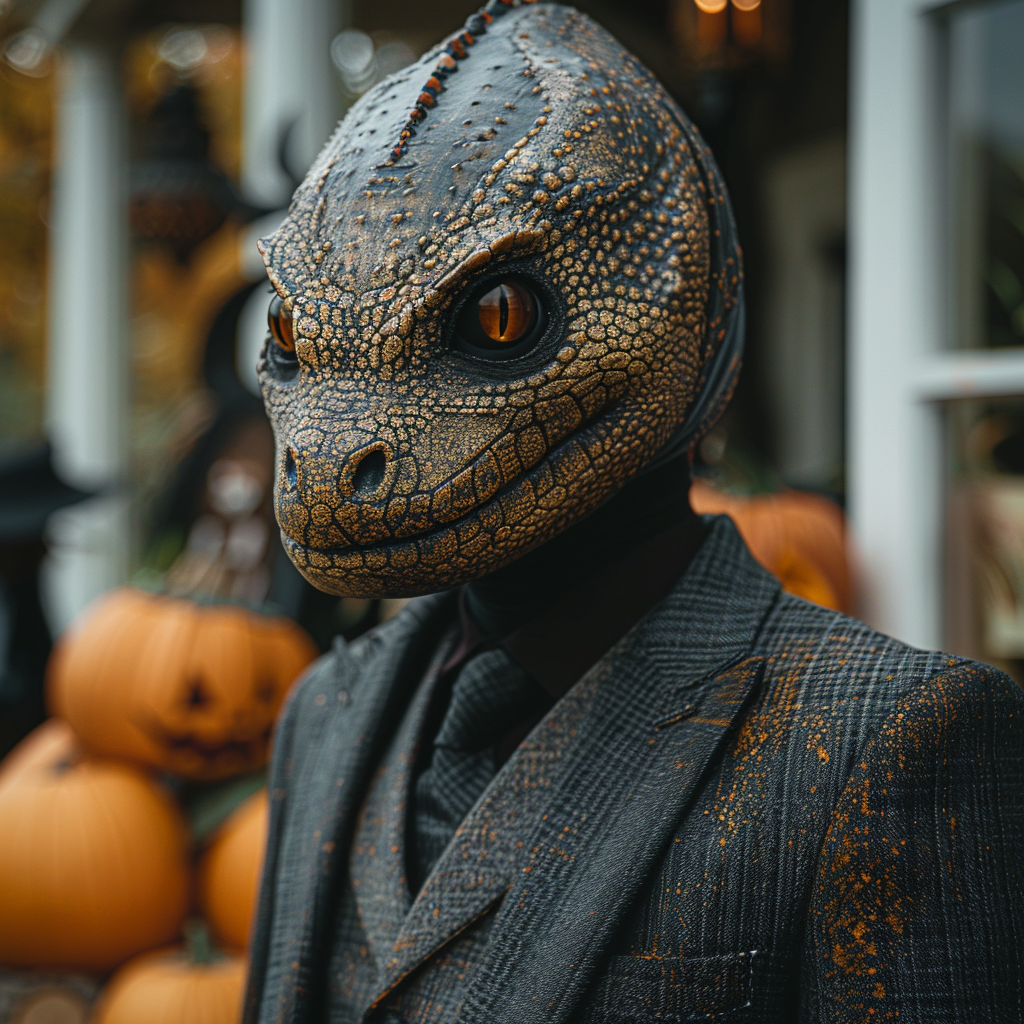 A Man in Reptiloid Mask at Halloween Party