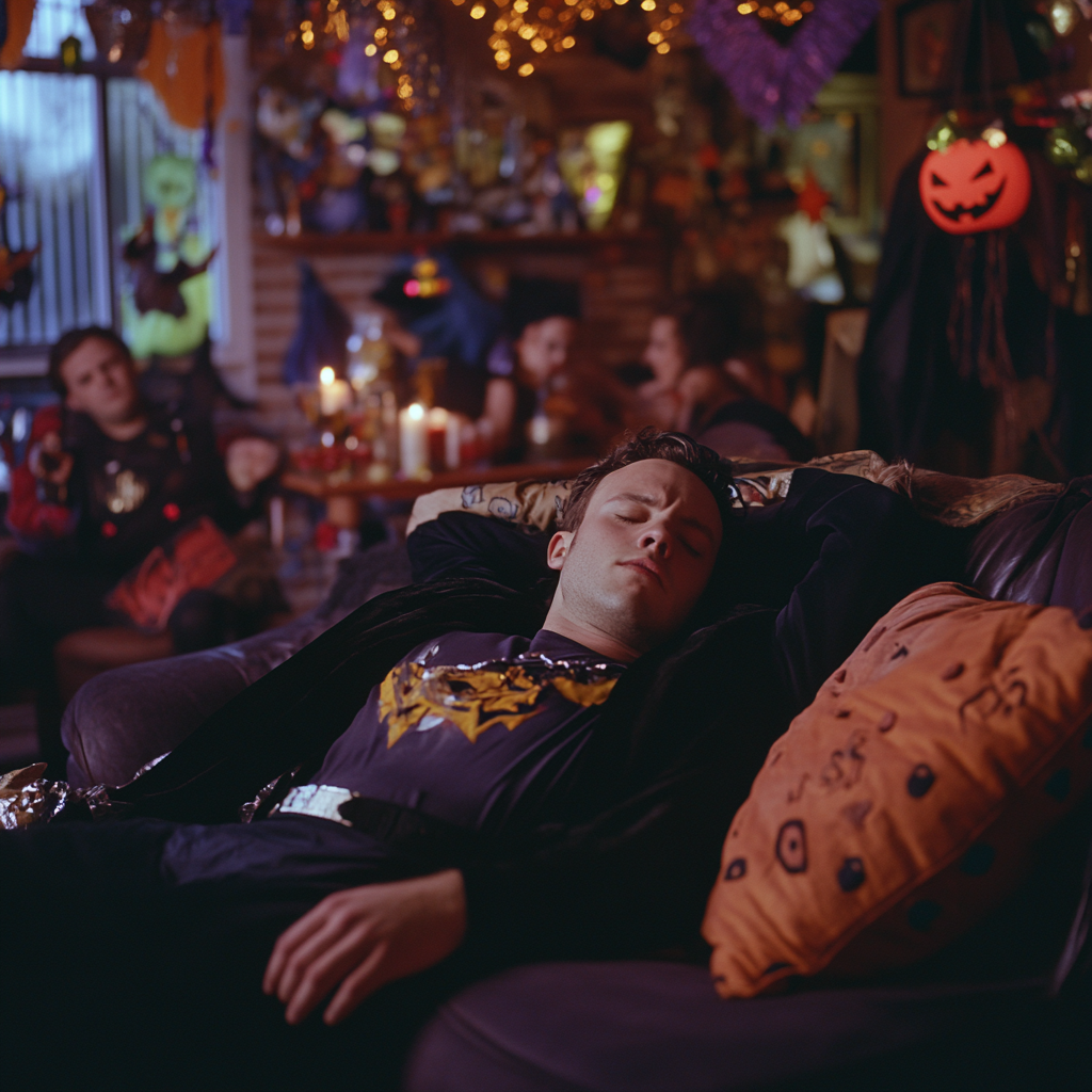 A Man in Vampire Costume Sleeps at Party