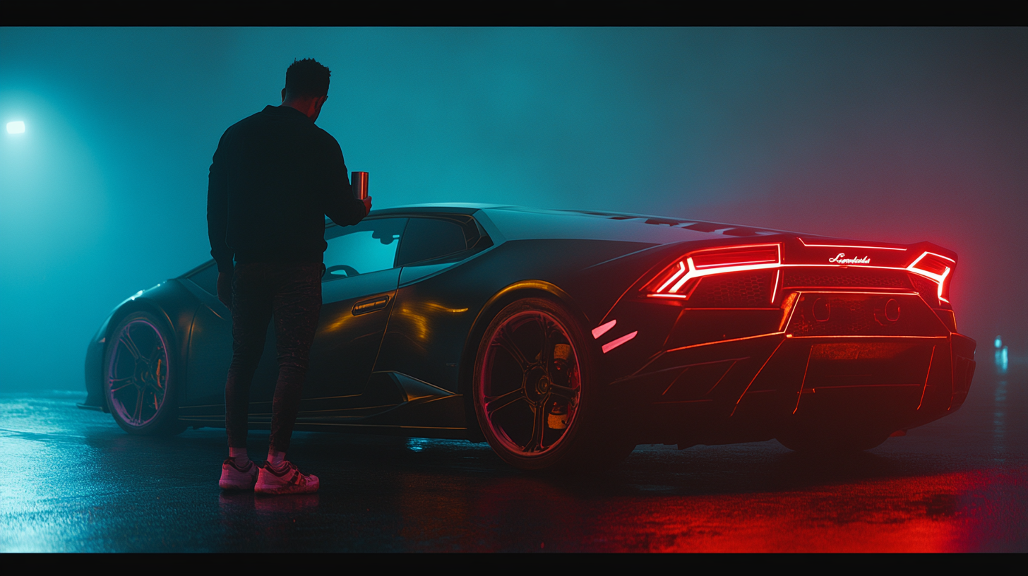 A Man with Beer By Neon-Lit Lamborghini at Night