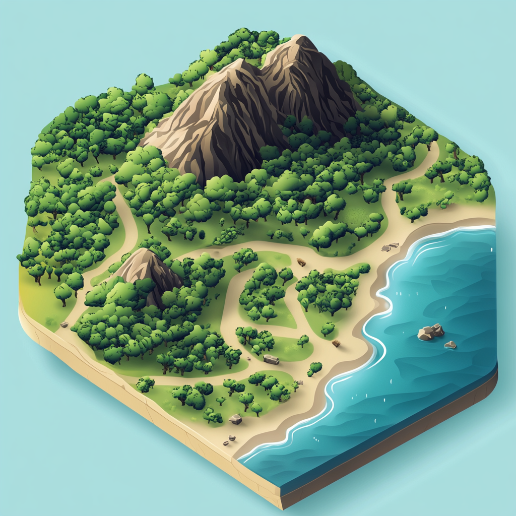 A Map with Forest, Ocean, Mountains, and Path