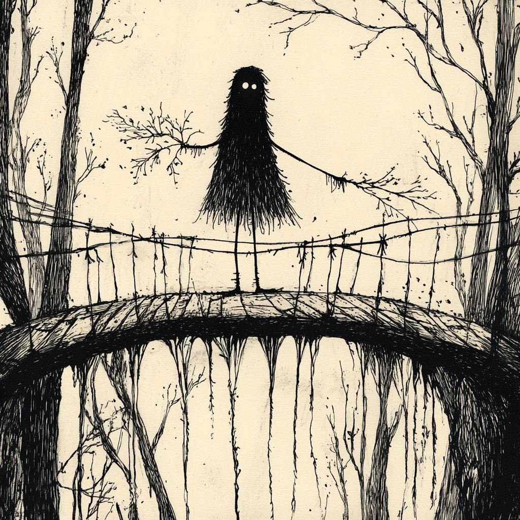 A Marionette's Solemn Journey Across a Precarious Bridge