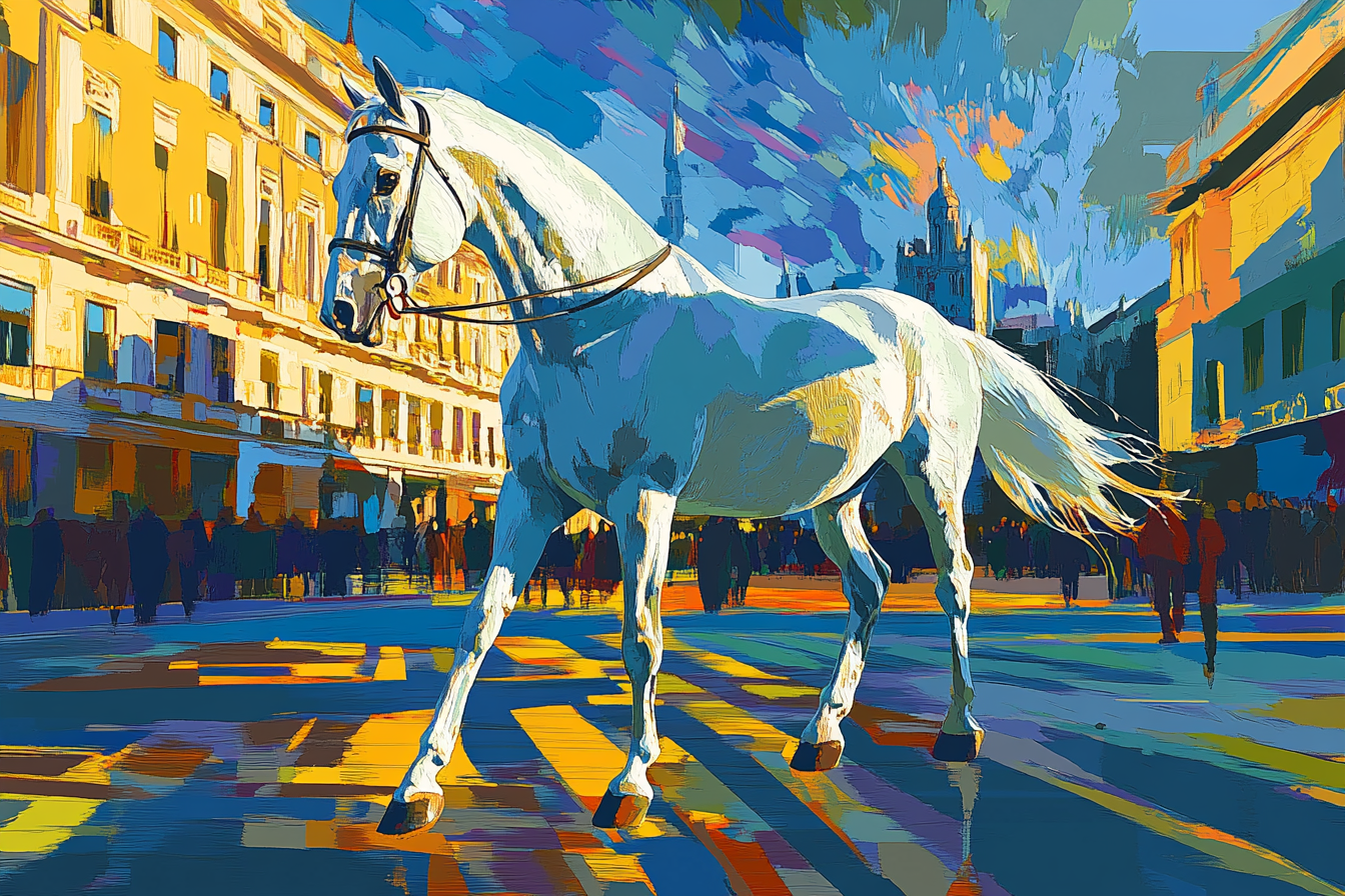 A Matisse-Style Horse Piaffe in Early Morning Square