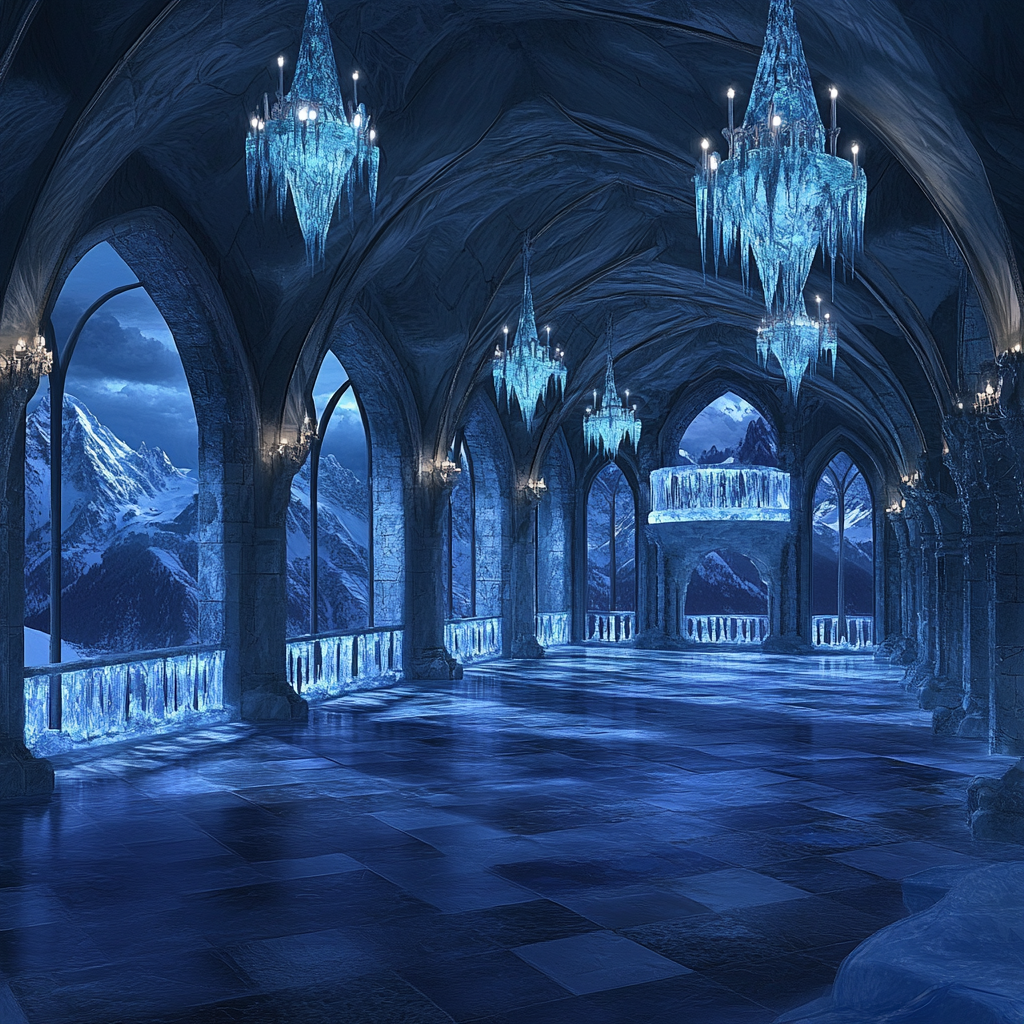 A Medieval Ballroom with Glacial Ice Ceiling, Crystal Floor.