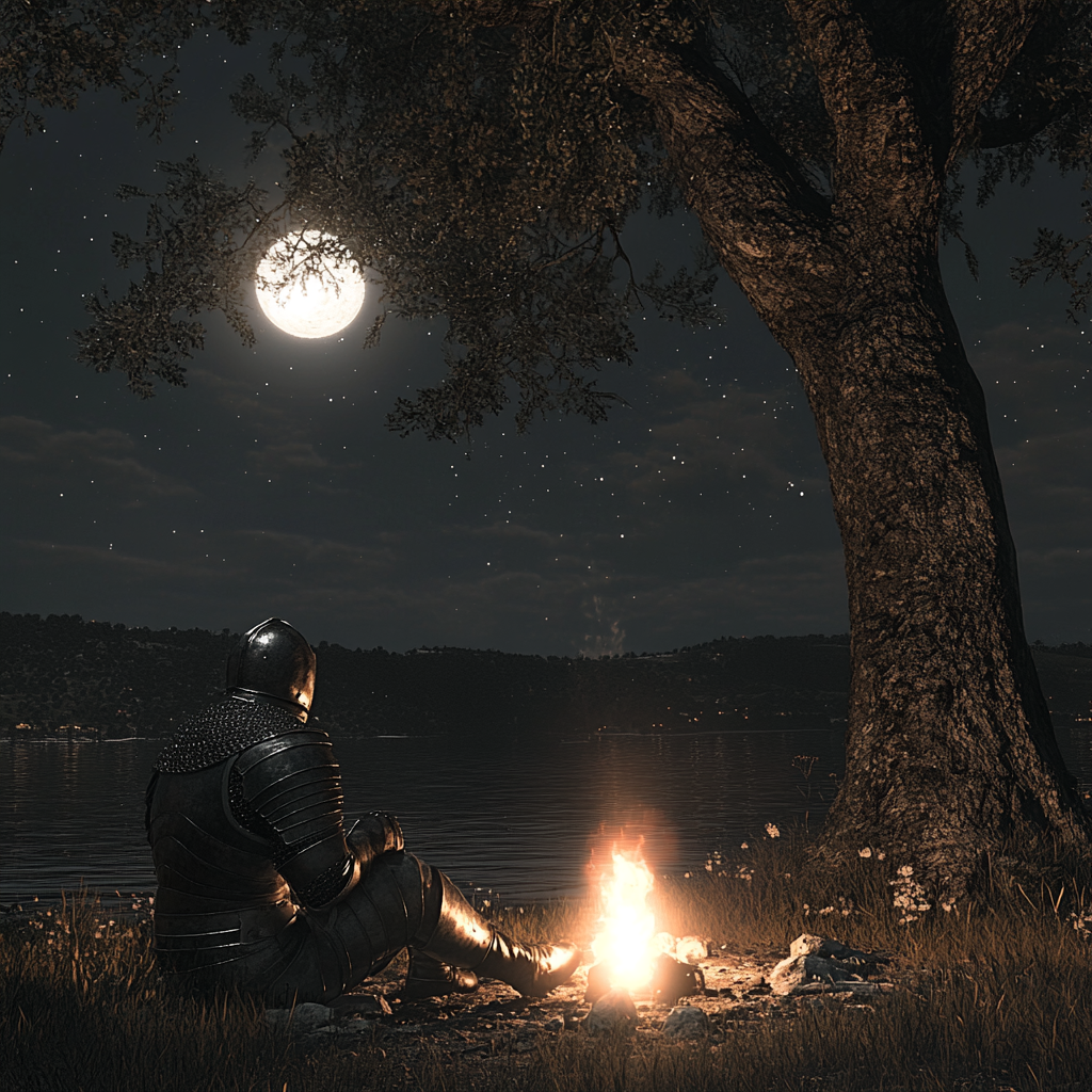 A Medieval Soldier Ponders by Moonlit Lake