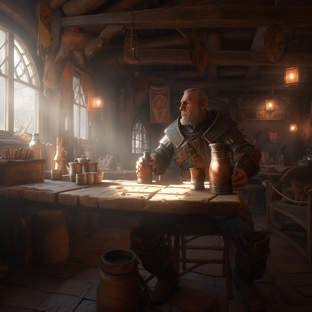 A Medieval Warrior in Rustic Tavern Morning Light