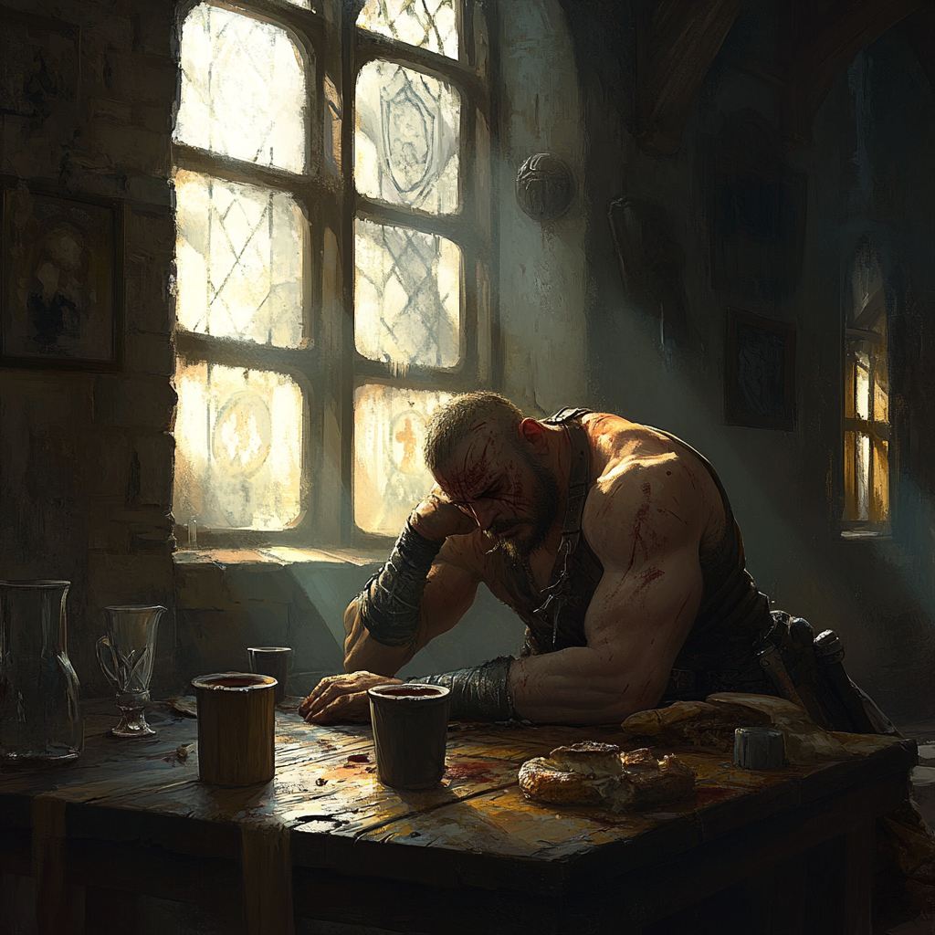 A Medieval Warrior in Tavern, Morning Light Illuminates