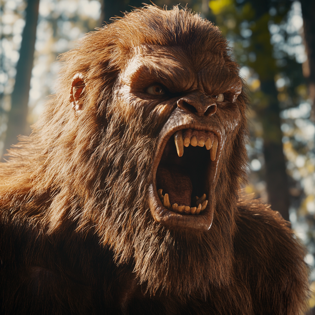 A Menacing Bigfoot Growling in Forest