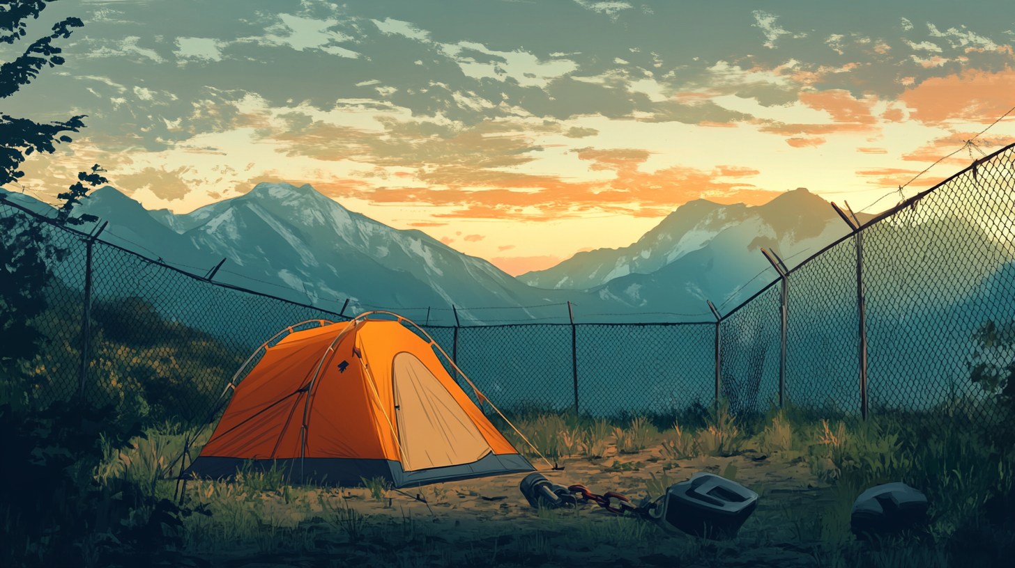 A Metal-Fenced Orange Tent in Majestic Mountains