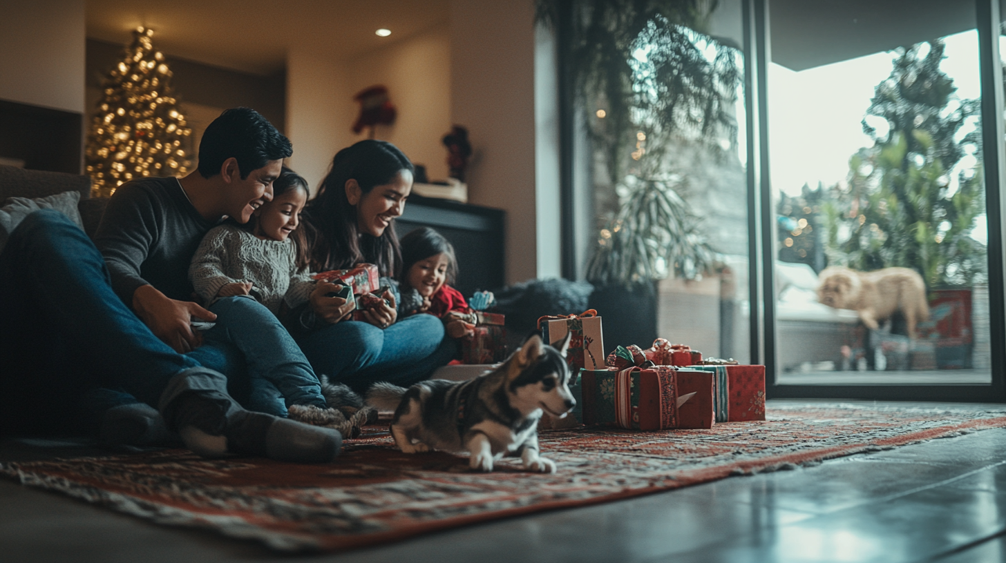 A Mexican family celebrating Christmas with pets