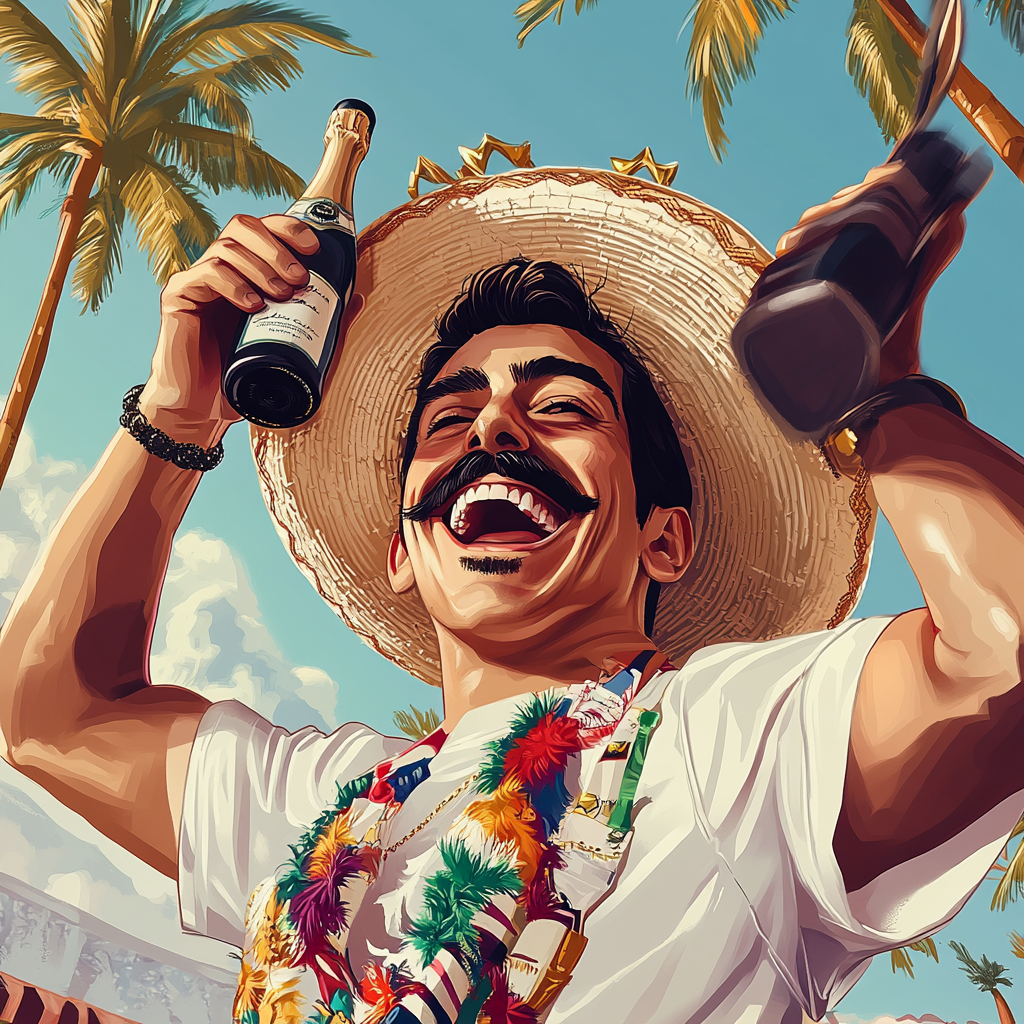 A Mexican man celebrates with champagne and crowd.