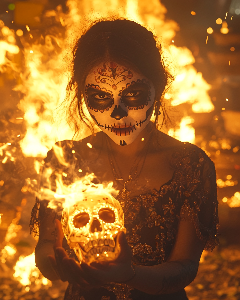 A Mexican senorita at a bonfire party holding skull.