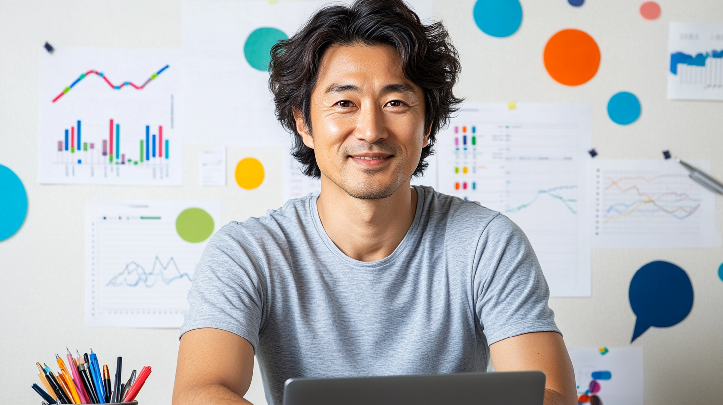 A Middle-Aged Man Studying Graphs on Laptop.