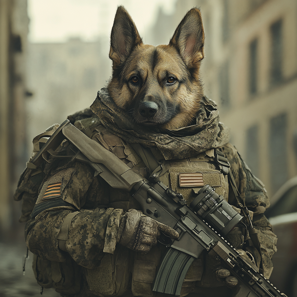 A Military Dog Ready for Combat in City