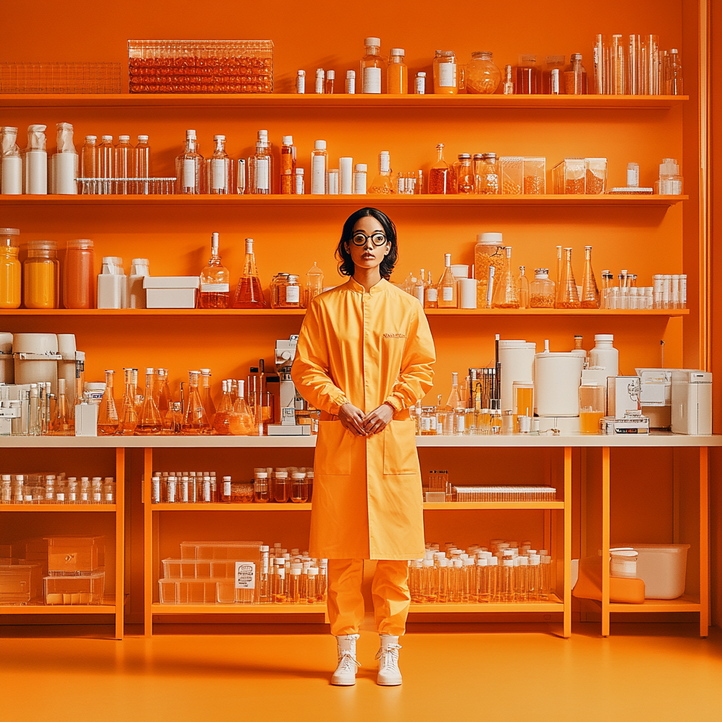 A Model in Orange Science Lab with Shelves