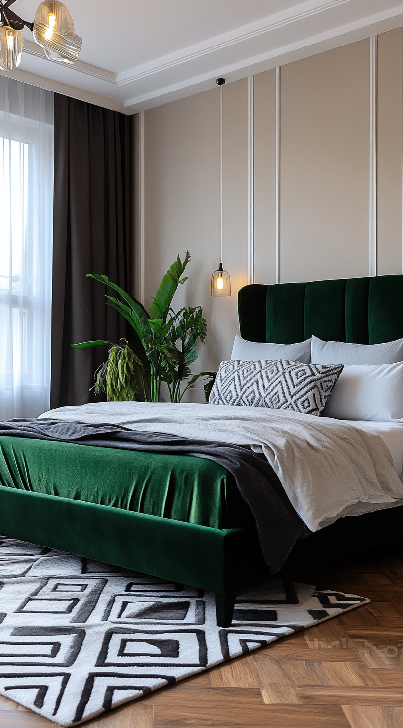 A Modern Bedroom with Green Bed and Plants