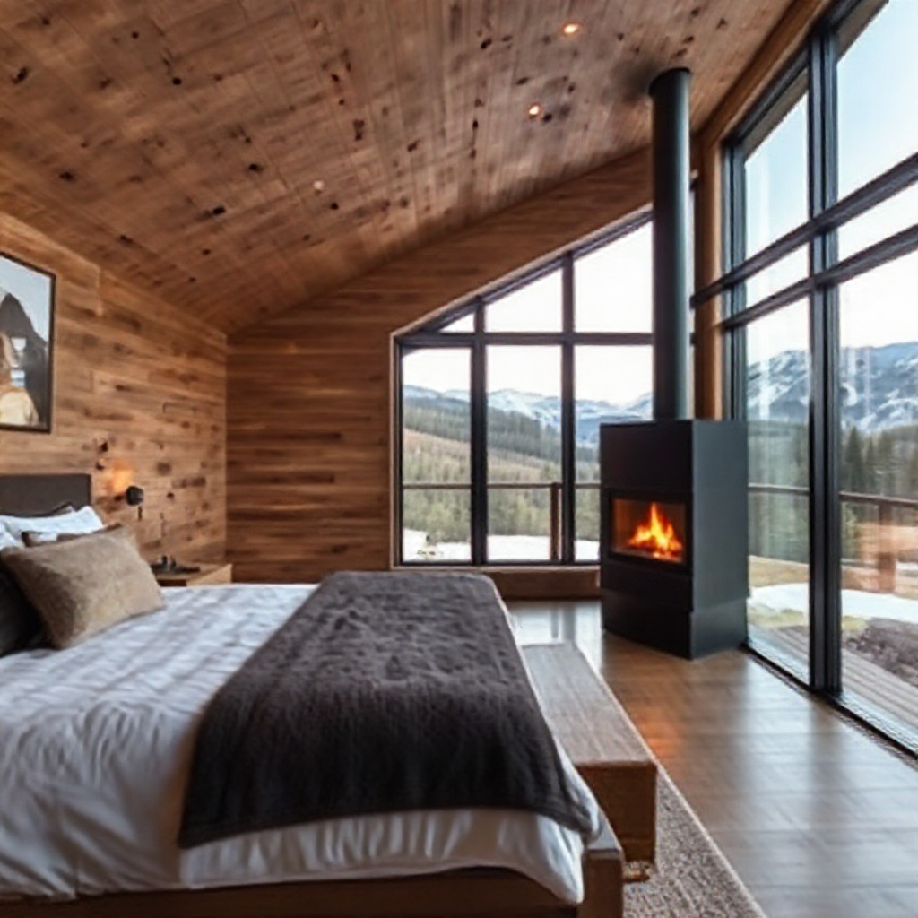 A Modern Cabin Bedroom Overlooking the Mountains