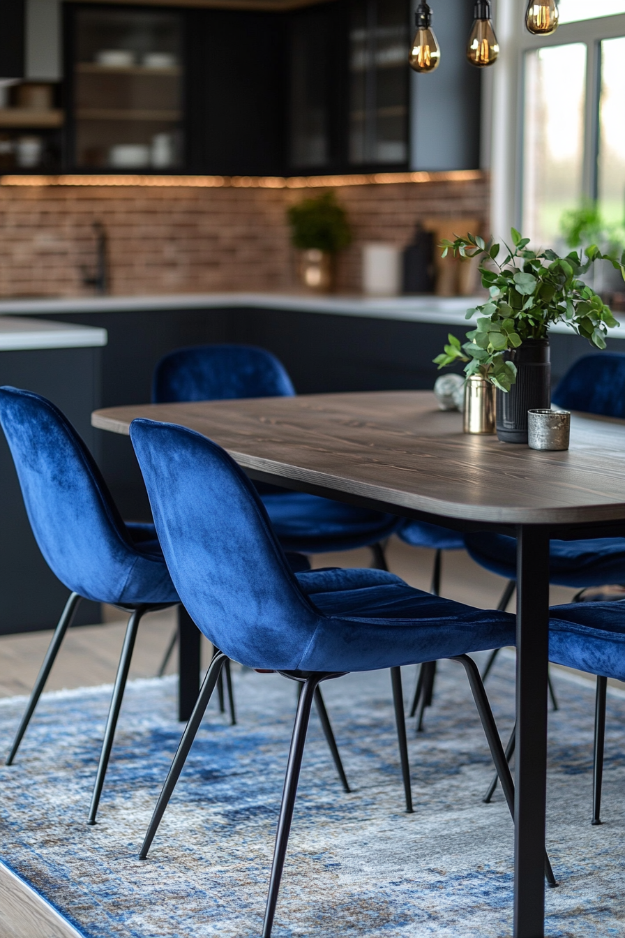 A Modern Cozy Kitchen with Dark Blue Velvet Chairs