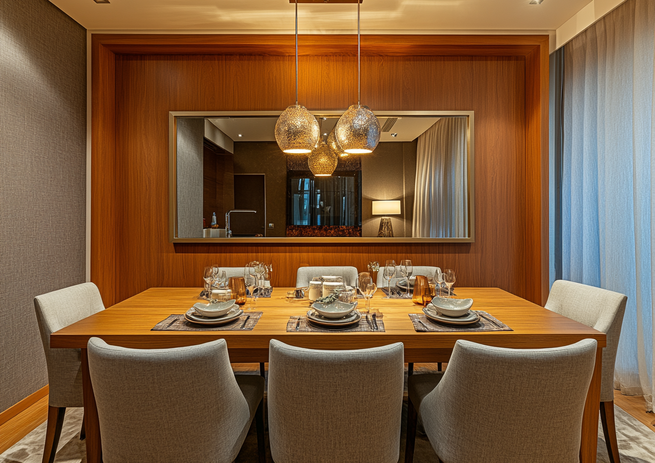 A Modern Dining Area with Large Mirror