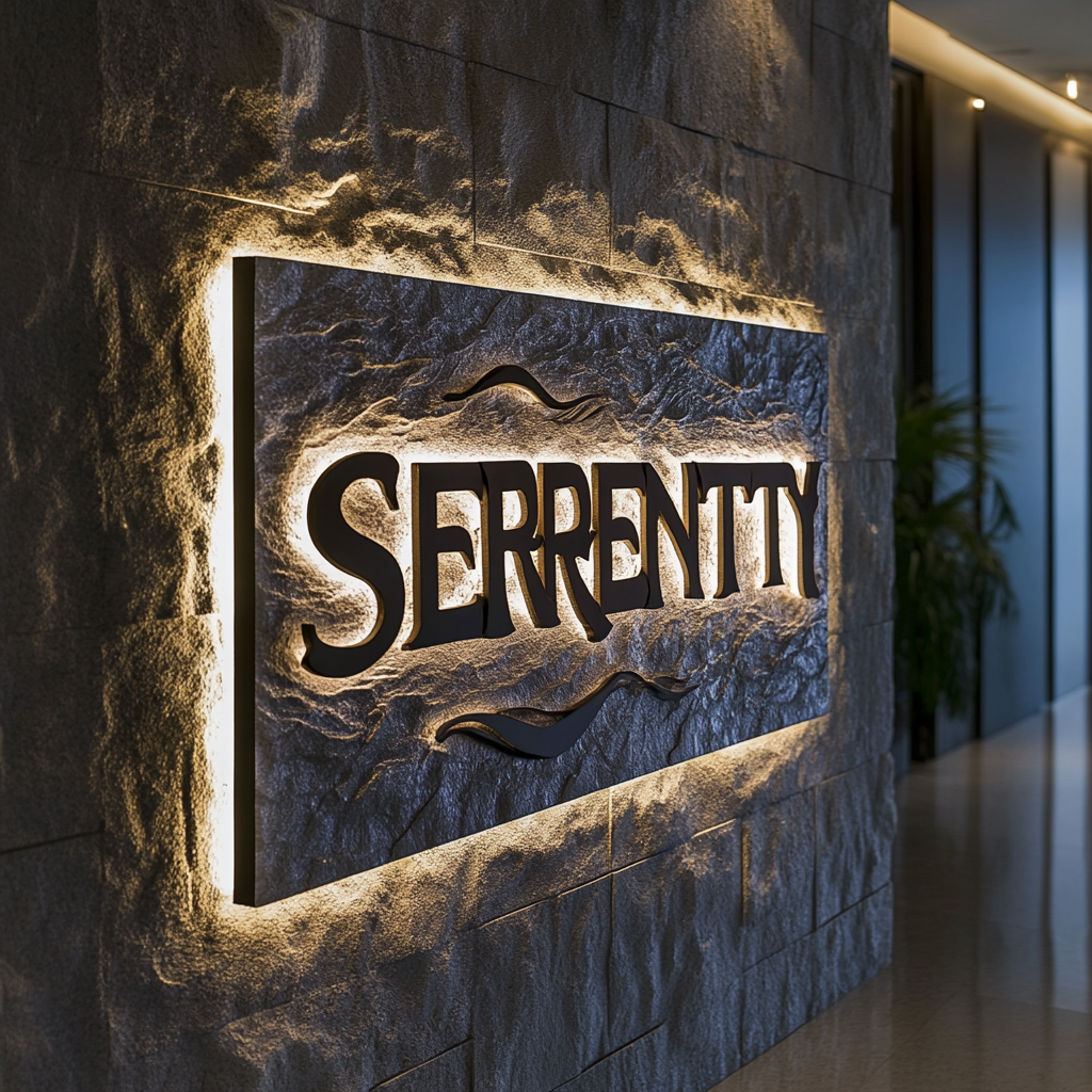 A Modern Salon with Illuminated 'Serenity' Sign