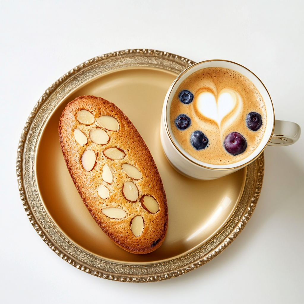 A Moist Almond Cake and Latte on Golden Plate