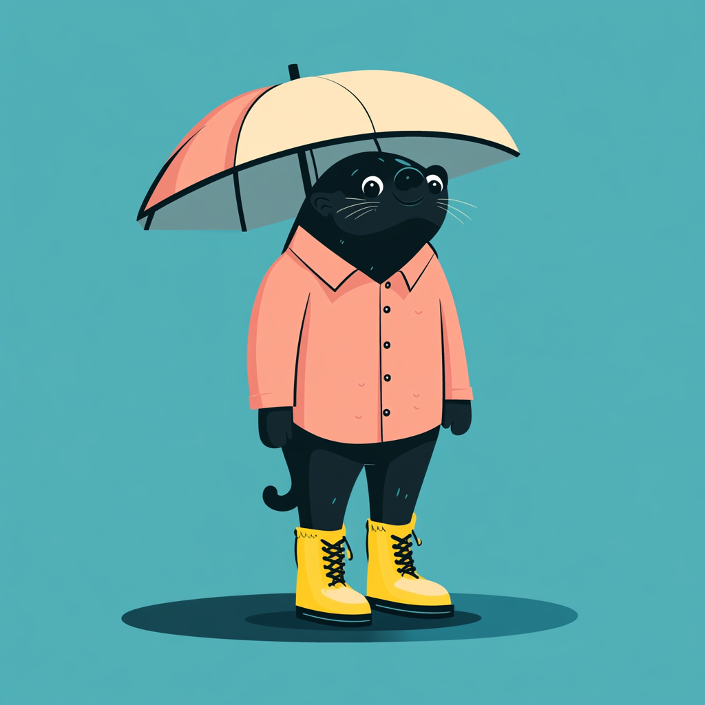 A Mole Character Under Umbrella - Flat Illustration