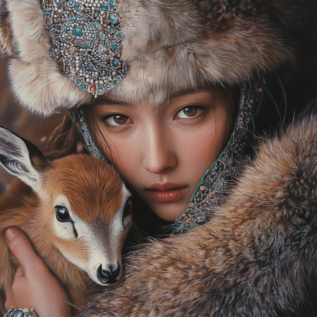 A Mongolian woman holding a baby doe gracefully