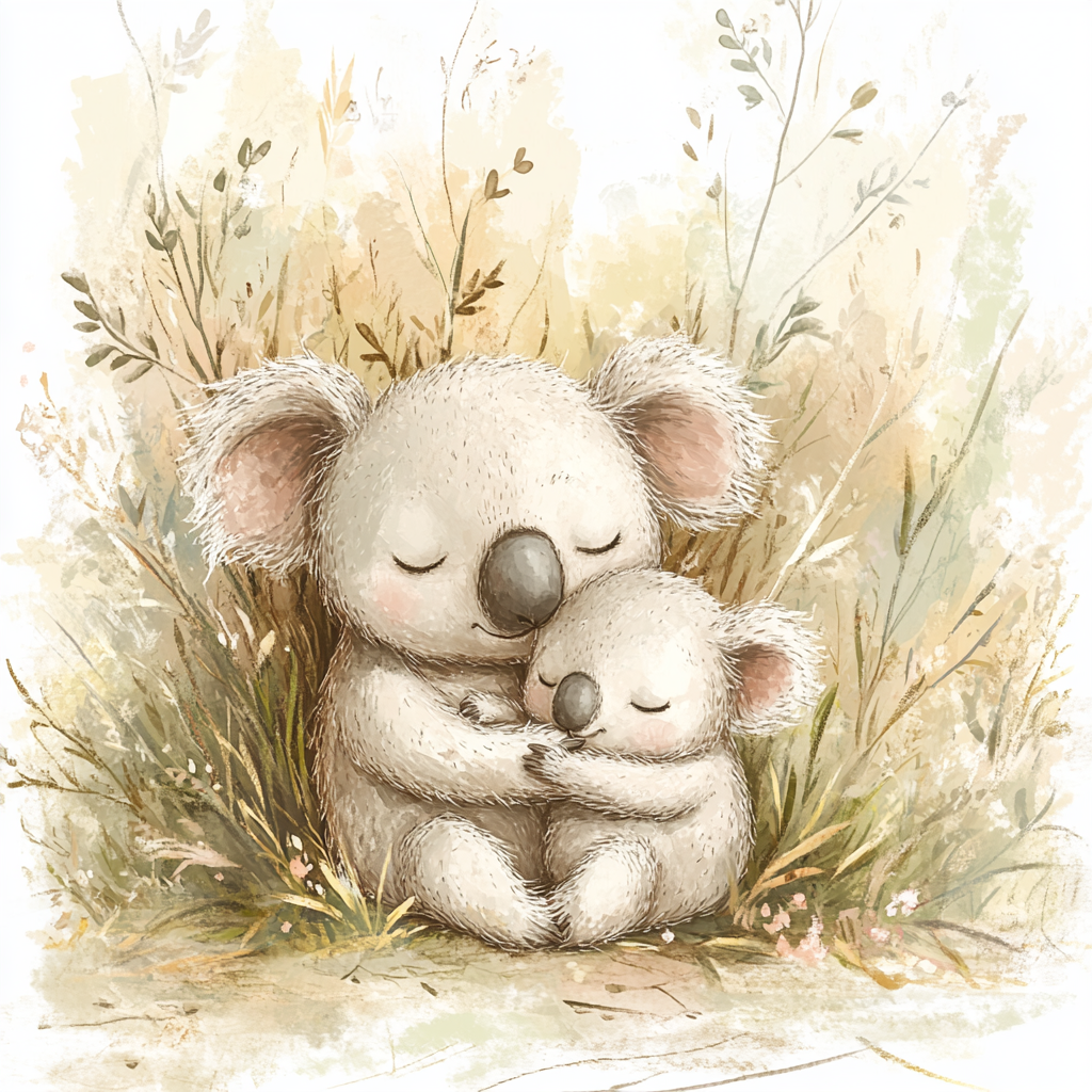 A Mother Koala Holds Baby in Watercolor